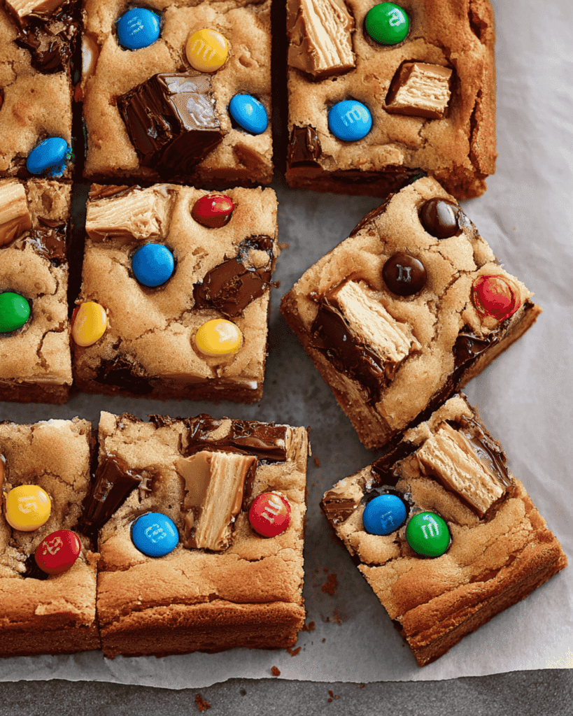 Fresh blondie squares topped with M&M’s and chocolate chunks, placed on parchment paper.