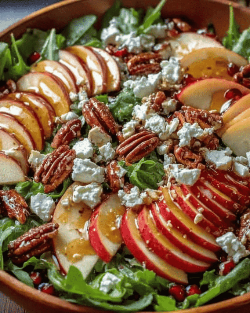 Fall salad with Honeycrisp apple slices, crumbled feta, toasted pecans, and mixed greens in a wooden bowl