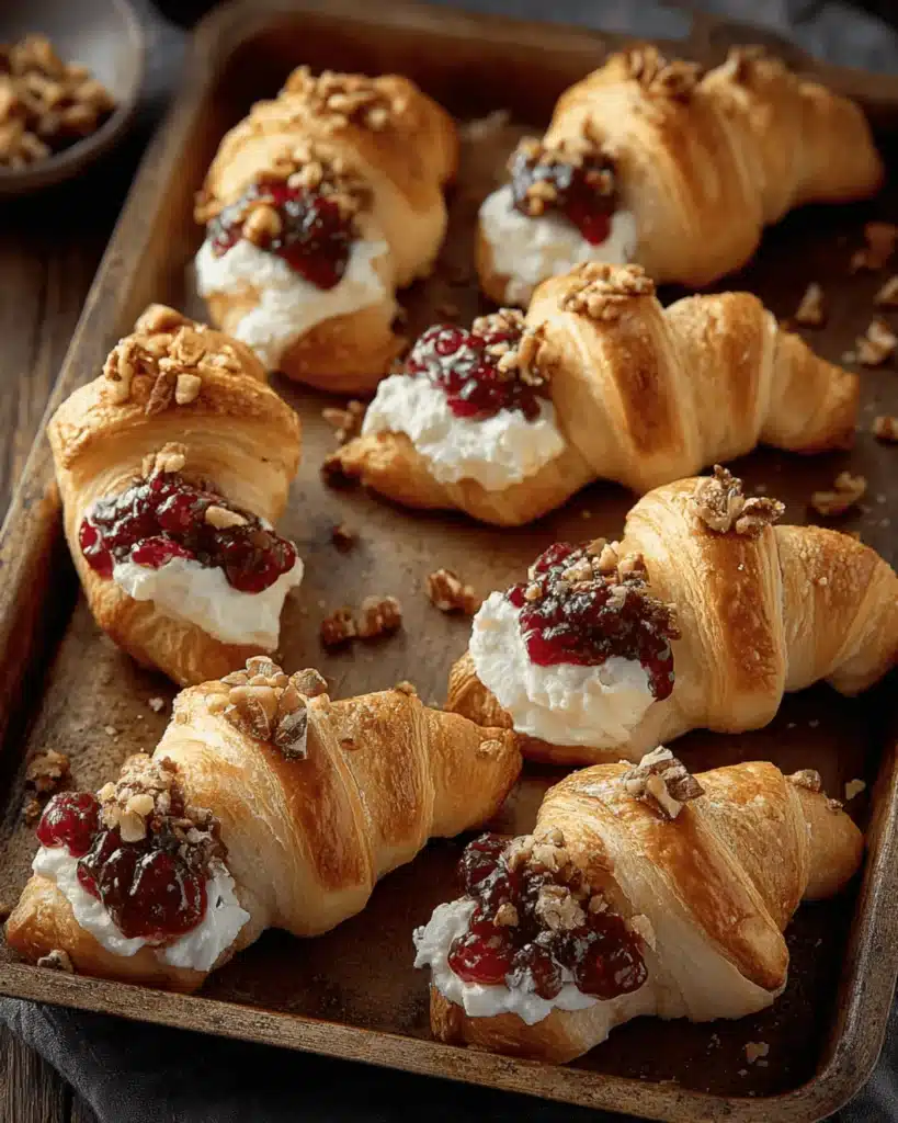 Thanksgiving crescent rolls stuffed with cream cheese and cranberry sauce, sprinkled with chopped pecans.