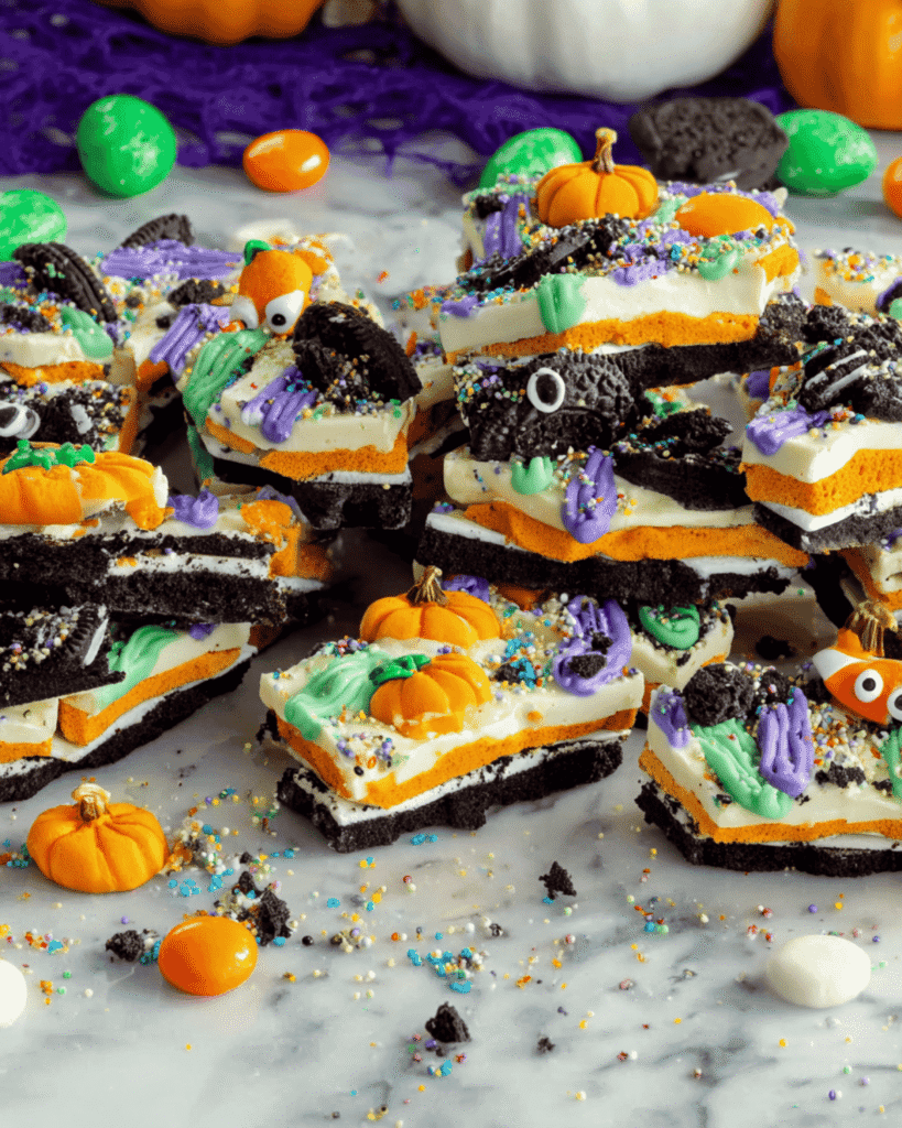 Halloween Oreo bark with white chocolate, orange Oreo layers, candy pumpkins, and colorful sprinkles on a marble table.