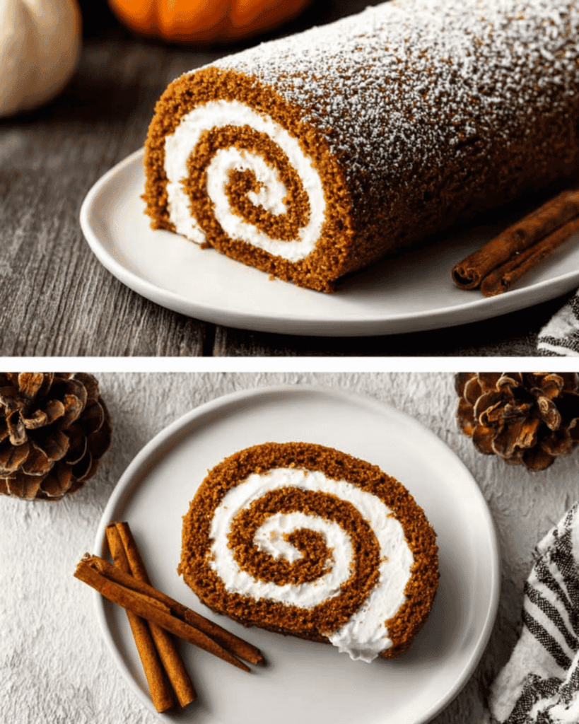Pumpkin roll with cream cheese filling dusted with powdered sugar on a white plate, holiday dessert.