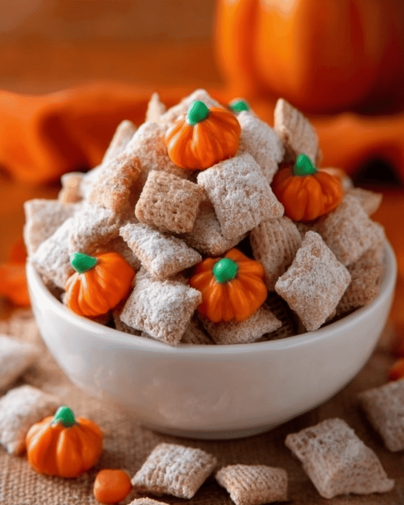 White bowl filled with pumpkin spice puppy chow snack mix and mellowcreme pumpkins on a rustic holiday table