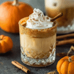 Pumpkin spice White Russian cocktail in crystal glass with whipped cream, cinnamon stick, and graham cracker rim, surrounded by pumpkins.