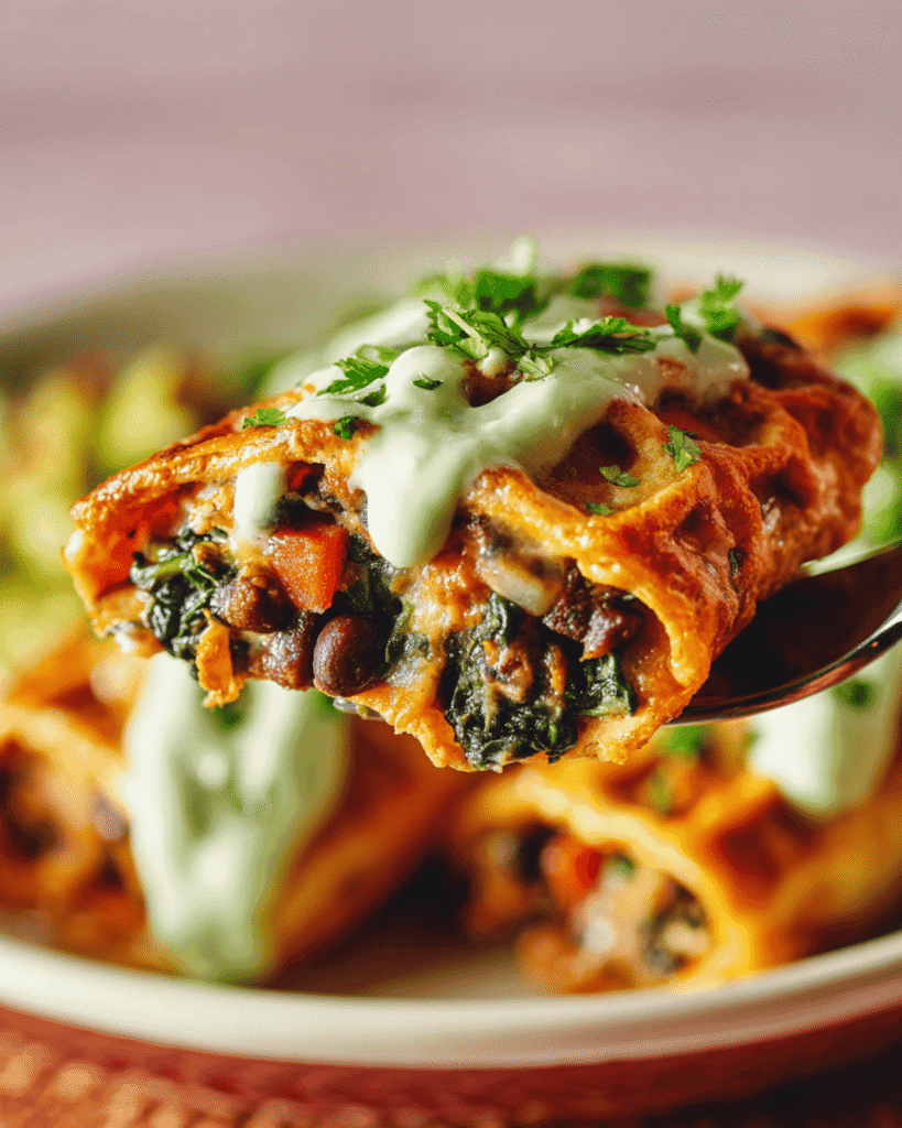 Close-up of pumpkin black bean enchilada bite topped with avocado crema and cilantro on a fork