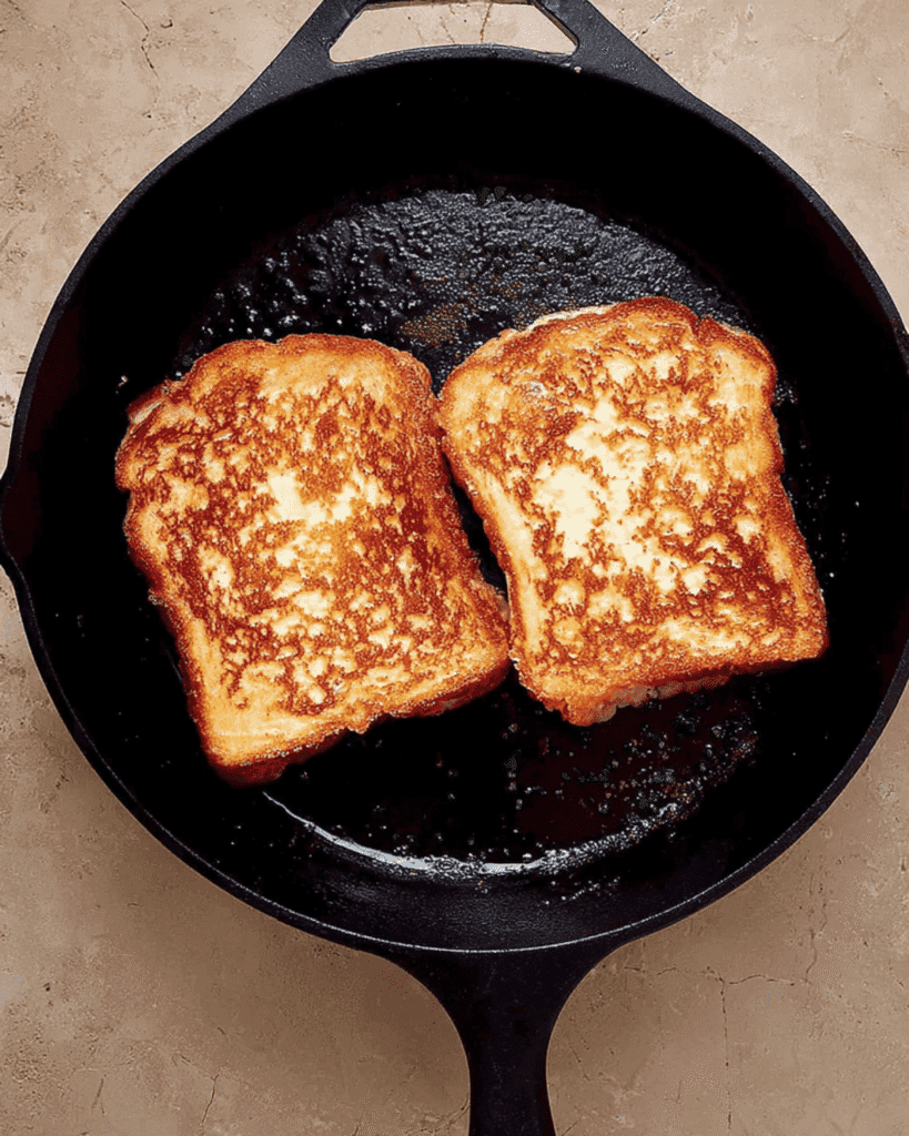 Golden brown French toast slices cooking in a black cast iron skillet