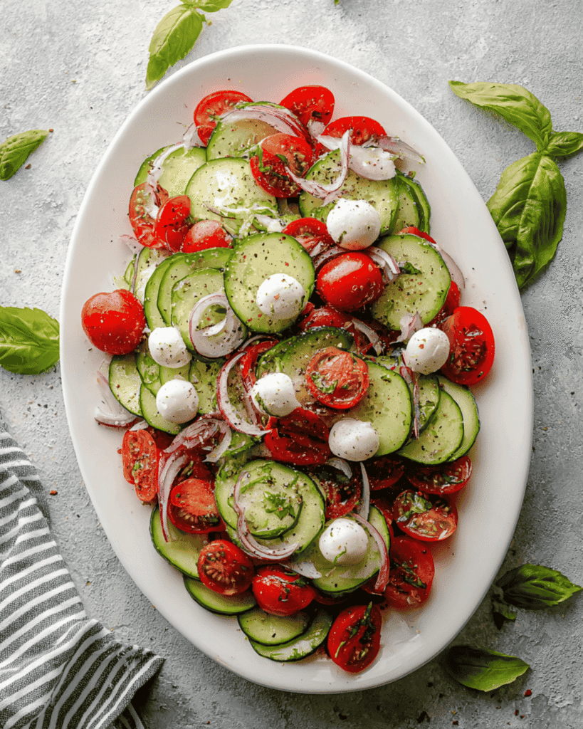 Fresh cucumber caprese salad on a white oval platter with cherry tomatoes, mozzarella balls, cucumbers, red onion, and basil leaves.