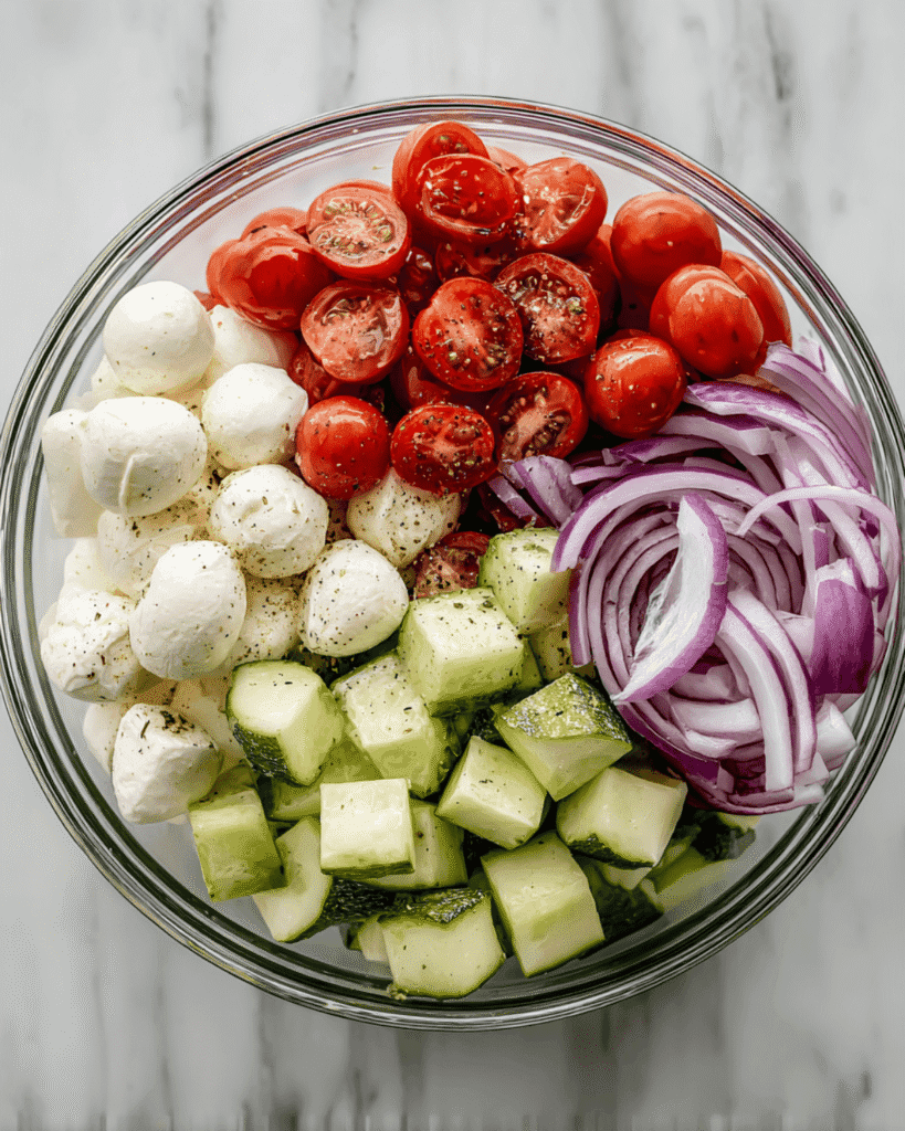 Glass bowl with fresh cucumber chunks, cherry tomatoes, mozzarella balls, and sliced red onion for cucumber caprese salad preparation.