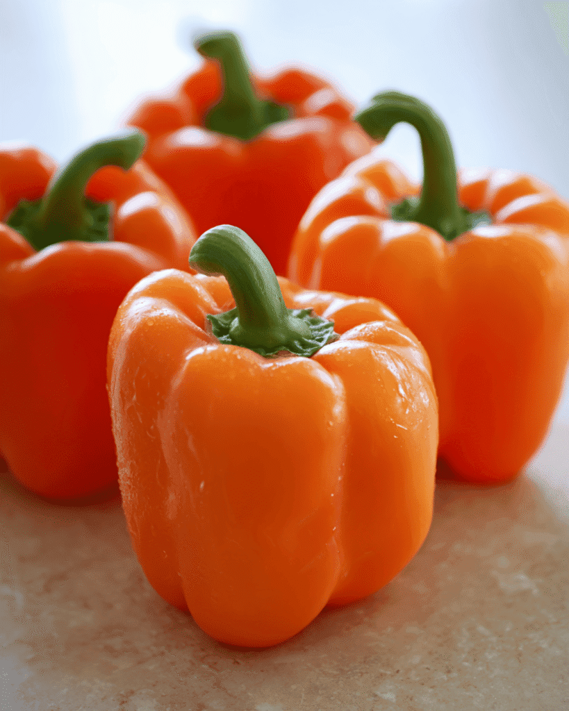 Fresh whole orange bell peppers with green stems on a countertop.