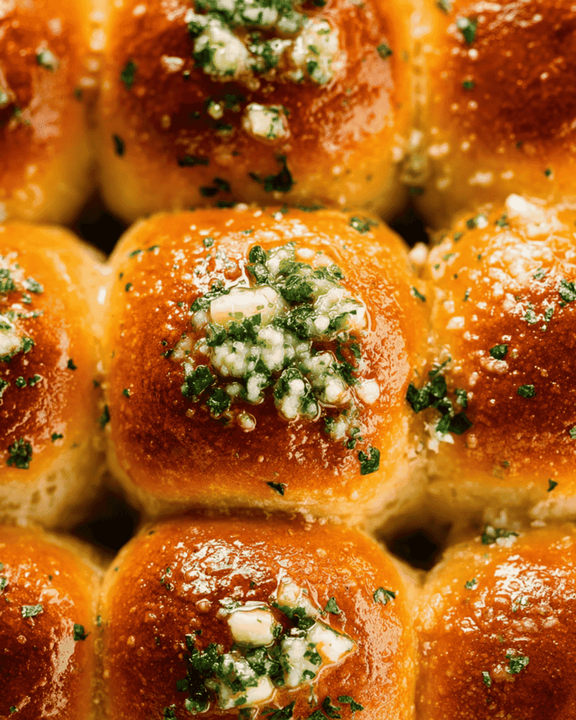 Golden brown garlic bread rolls brushed with garlic butter and parsley