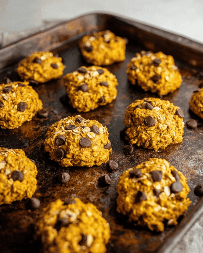 Freshly baked healthy pumpkin oat cookies with chocolate chips cooling on a rustic baking tray