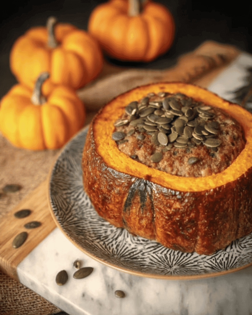 Baked stuffed pumpkin meatloaf topped with pumpkin seeds, served on a patterned plate with mini pumpkins in the background.