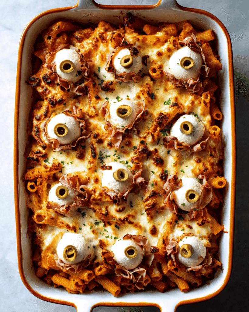 Overhead view of baked ziti casserole topped with mozzarella eyeballs made with olives and prosciutto.