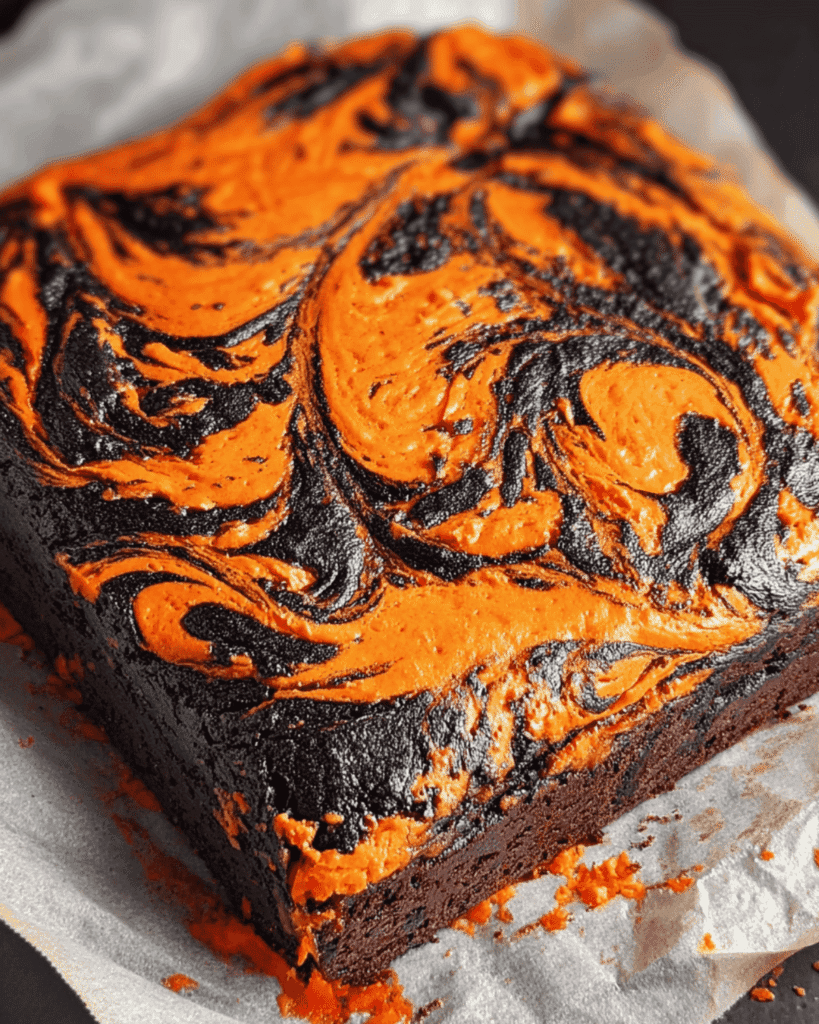 Whole pan of Halloween swirl brownies with bright orange cream cheese and dark chocolate swirls