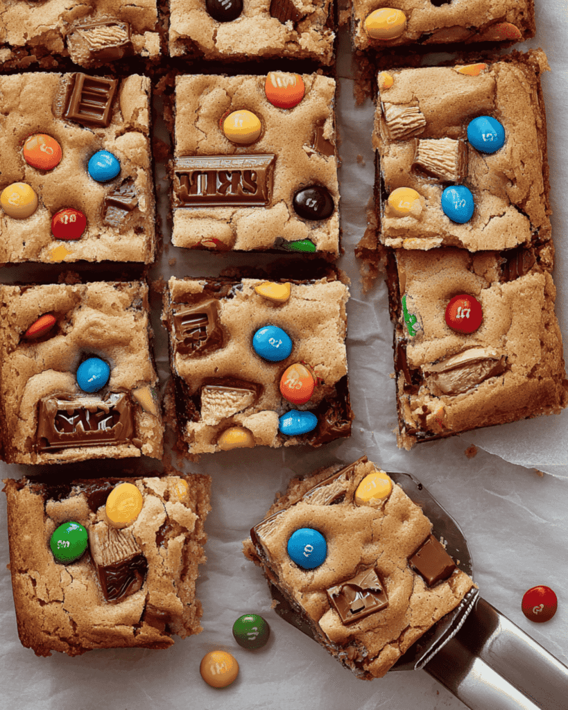 Chewy candy bar blondies topped with M&M’s and chocolate chunks, with a spatula lifting one bar.