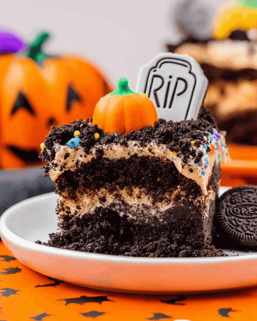 Close-up of Halloween Graveyard Chocolate Poke Cake slice with candy pumpkin and tombstone decoration.
