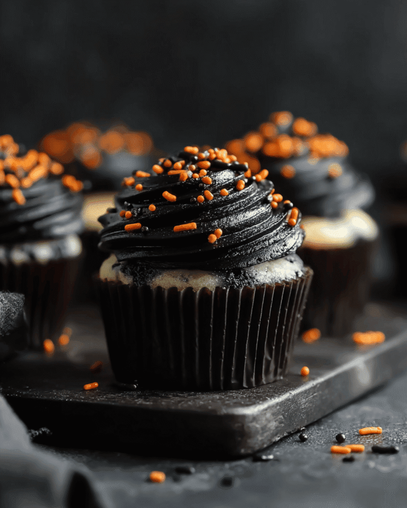 Halloween Funfetti Cupcake with black cocoa frosting and orange sprinkles on a dark surface
