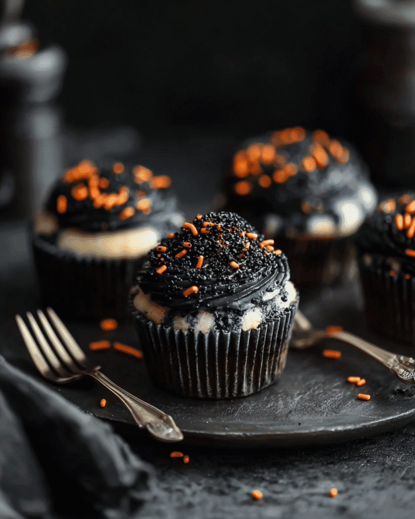 Halloween Funfetti Cupcakes with black frosting and sprinkles on a plate with forks