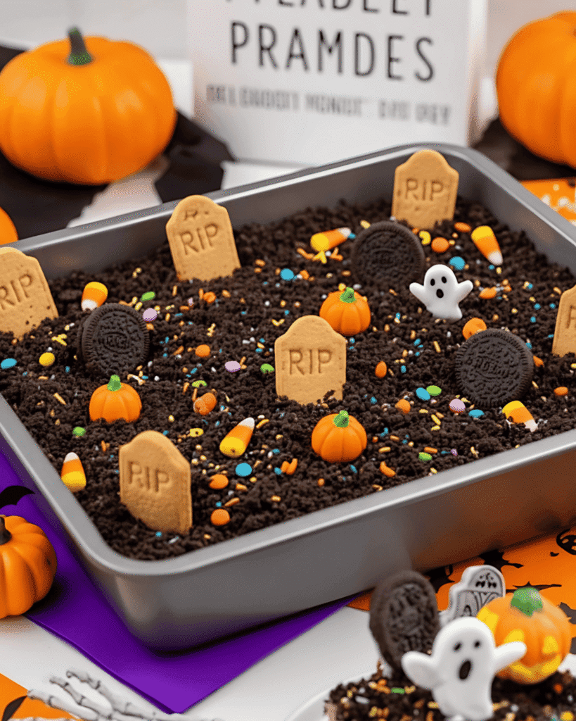 Halloween Graveyard Chocolate Poke Cake in a square pan topped with Oreo dirt, cookie tombstones, candy pumpkins, sprinkles, and marshmallow ghosts.