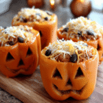 Carved jack-o-lantern orange peppers filled with chicken, rice, beans, and cheese on a wooden board.