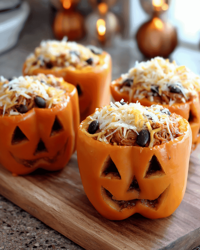 Carved jack-o-lantern orange peppers filled with chicken, rice, beans, and cheese on a wooden board.