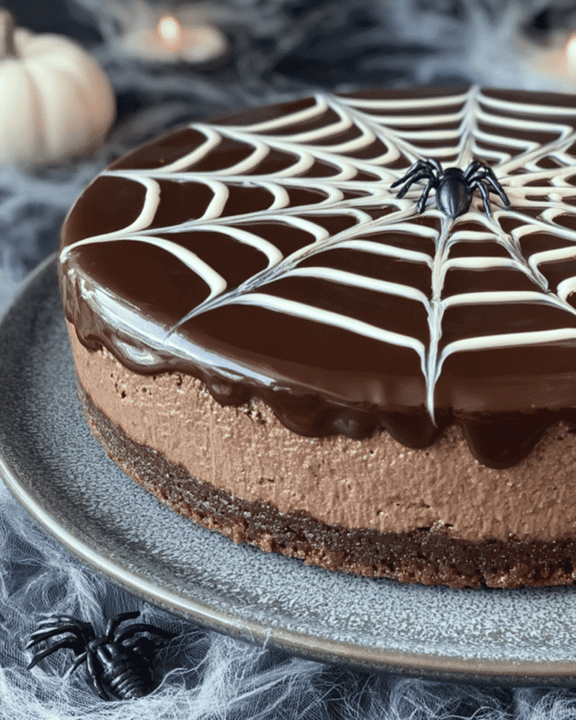 No Bake Chocolate Spiderweb Cheesecake with ganache topping and spooky Halloween props