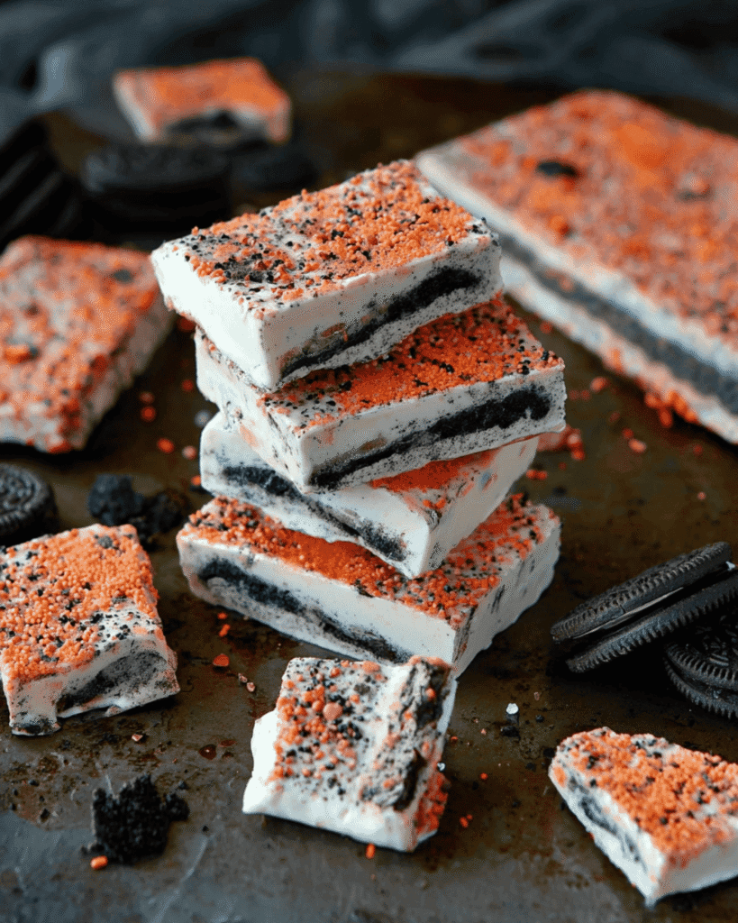 Halloween Oreo Bark slab with orange filling and sprinkled toppings on a dark surface.
