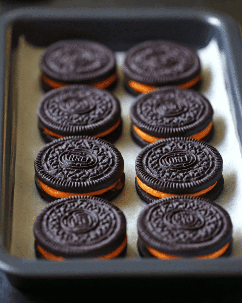 Halloween Oreos with orange creme lined in a baking tray ready for Oreo bark recipe.