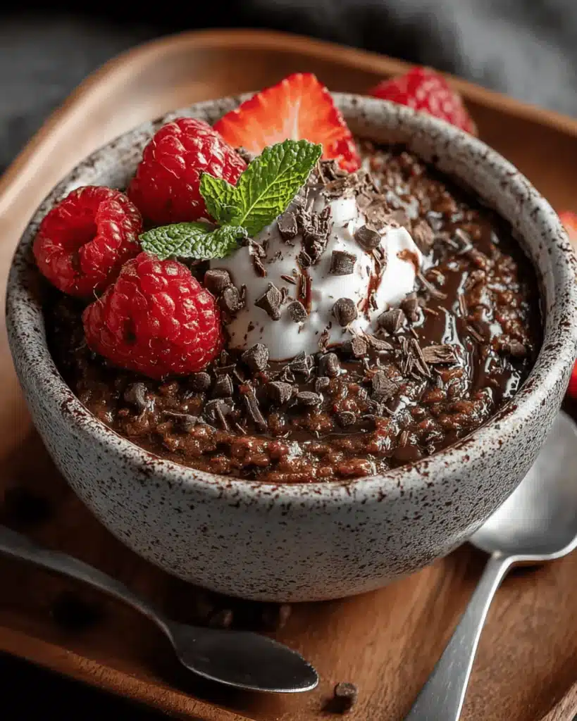 Chocolate baked oats breakfast bowl with strawberries, raspberries, whipped cream, and mint garnish