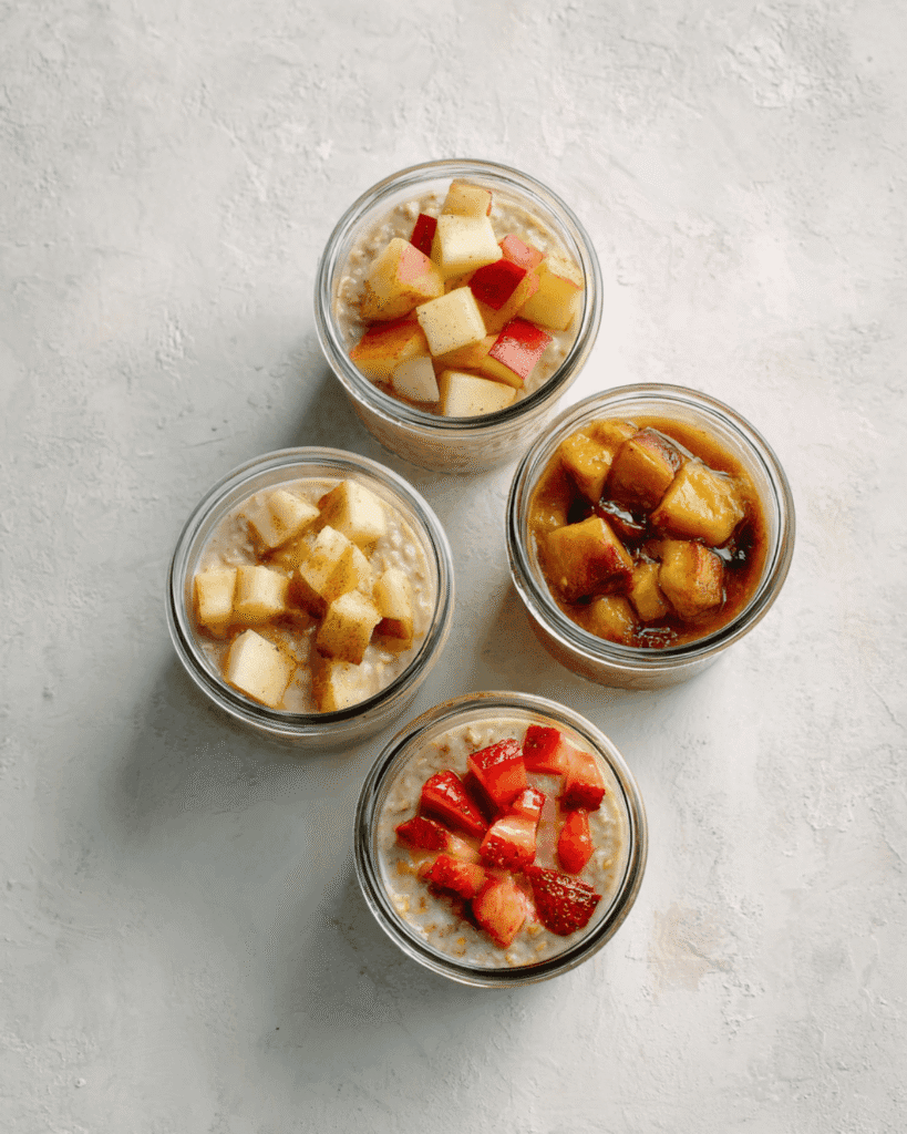 Four jars of overnight oats topped with fresh apples, strawberries, and caramelized bananas on a white background