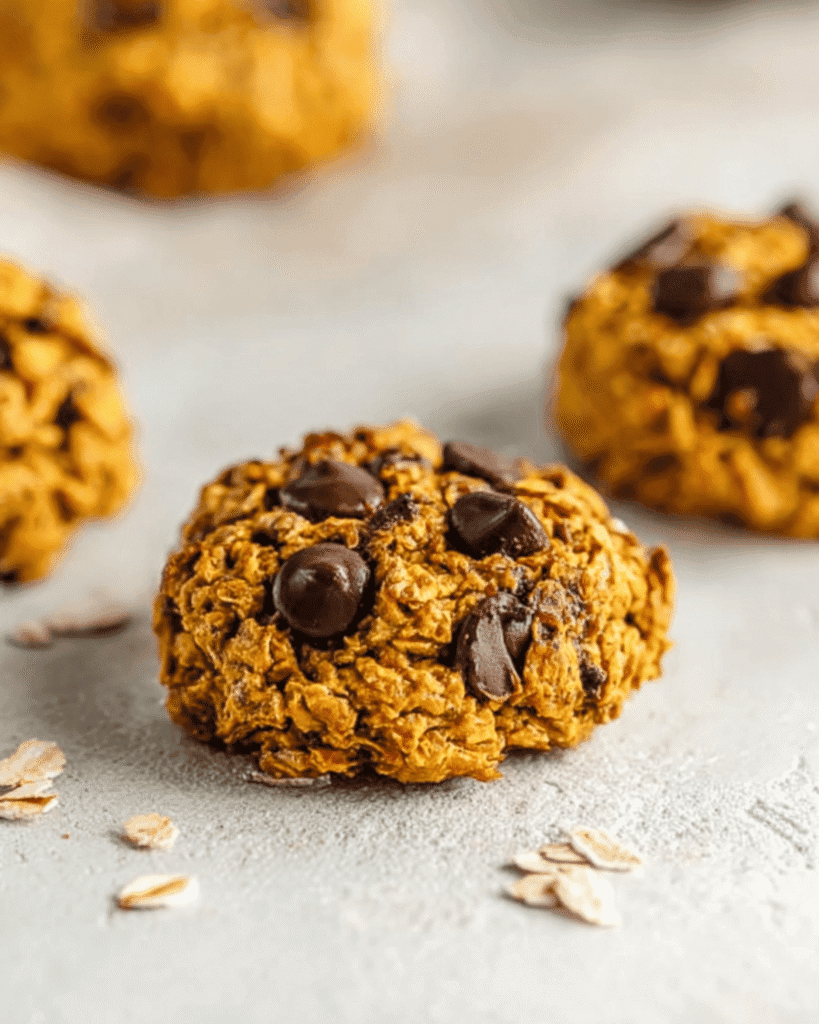 Close-up of a soft and chewy healthy pumpkin oat cookie with chocolate chips on a light background