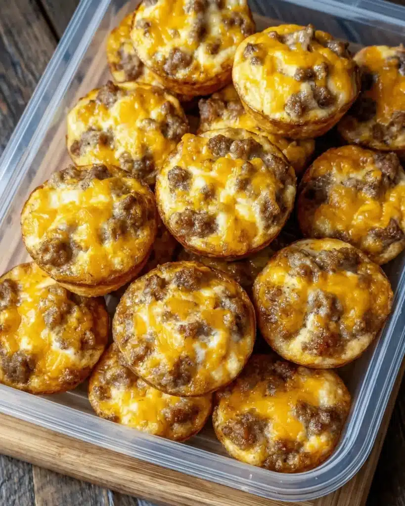 Batch of savory mini muffins with sausage and melted cheese stored in a clear container