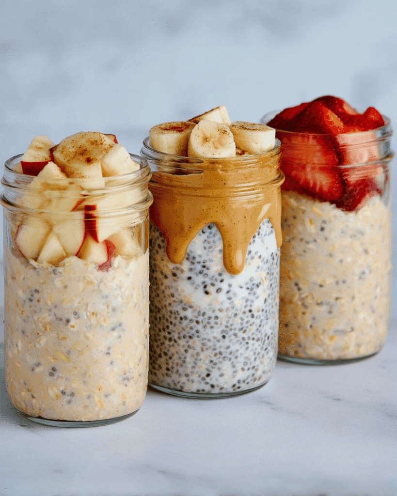 Three jars of high-protein overnight oats topped with apples, bananas, and strawberries with creamy peanut butter