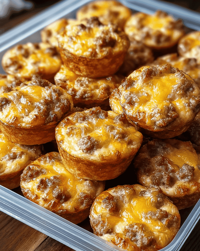 Golden brown high-protein pancake sausage mini muffins topped with melted cheddar cheese in a clear meal prep container.