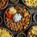 Breakfast bowl with scrambled eggs, seasoned chicken, roasted potatoes, peppers, and cotija cheese topping with sauces on the side
