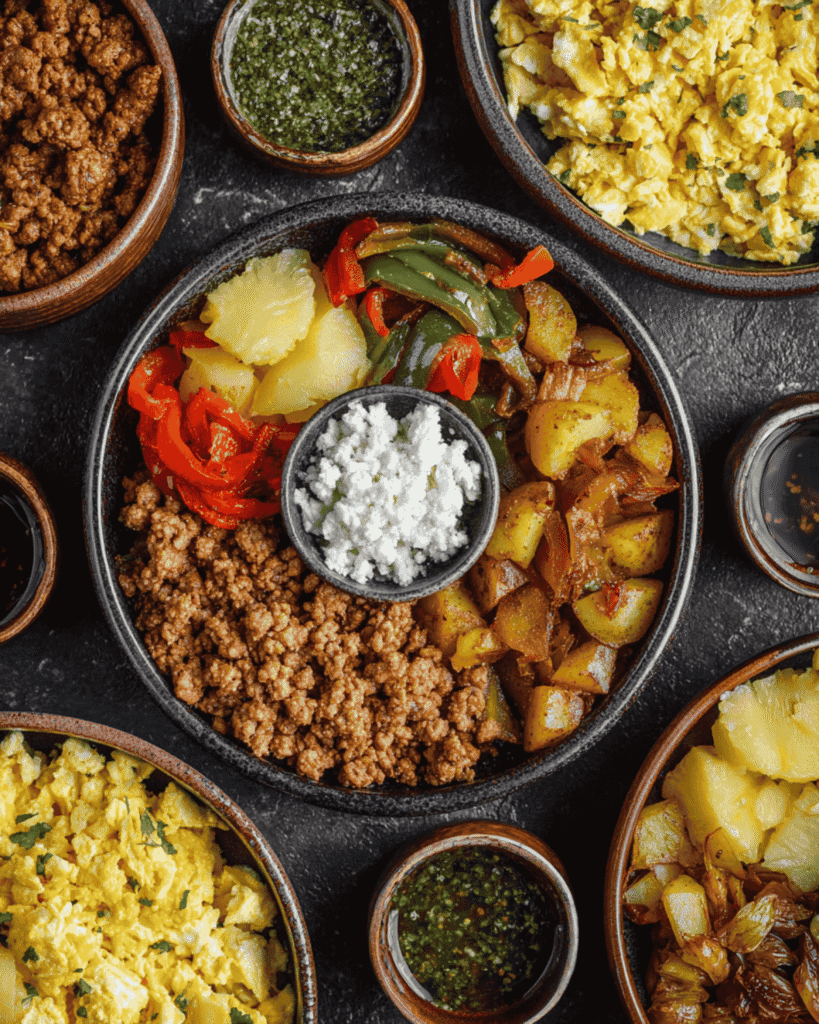 Breakfast bowl with scrambled eggs, seasoned chicken, roasted potatoes, peppers, and cotija cheese topping with sauces on the side