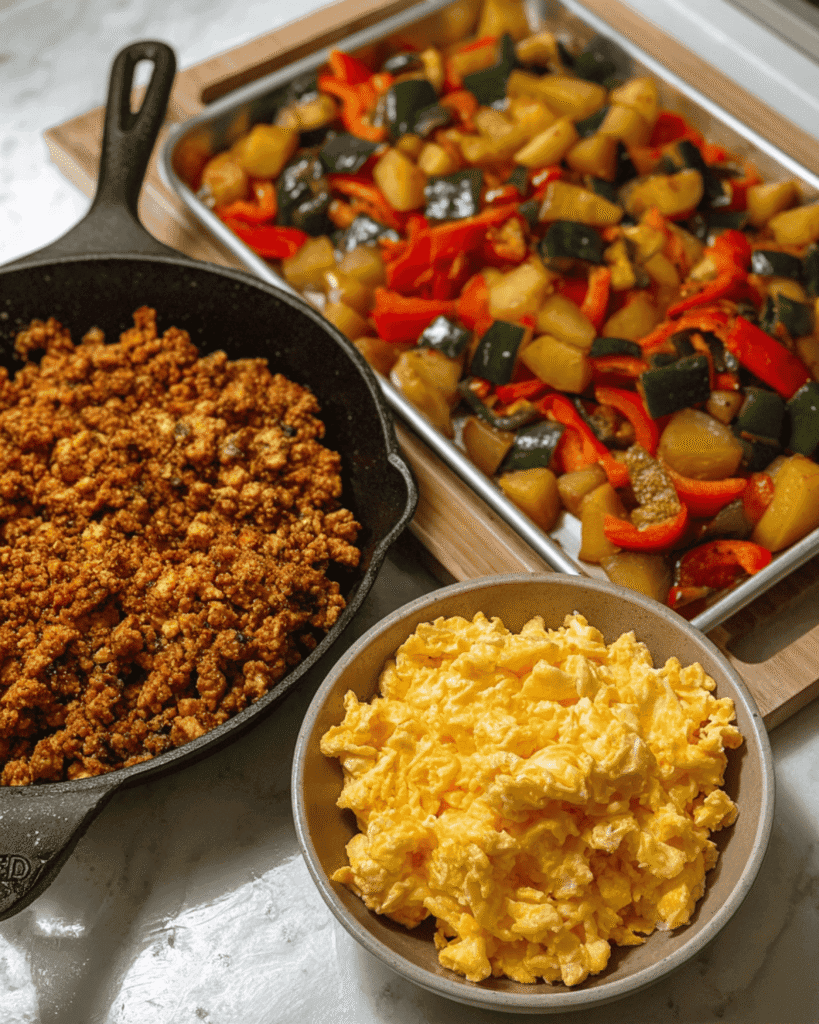 Cast iron skillet with seasoned ground chicken, roasted peppers and potatoes on tray, and a bowl of scrambled eggs