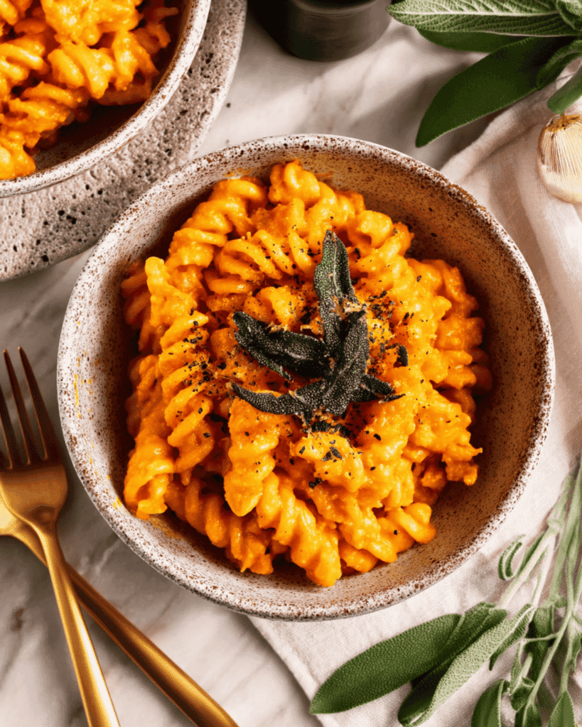 Two bowls of pumpkin sage pasta with crispy sage leaves and golden cutlery