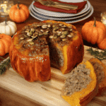 Baked stuffed pumpkin meatloaf topped with roasted pumpkin seeds, sliced open for serving.
