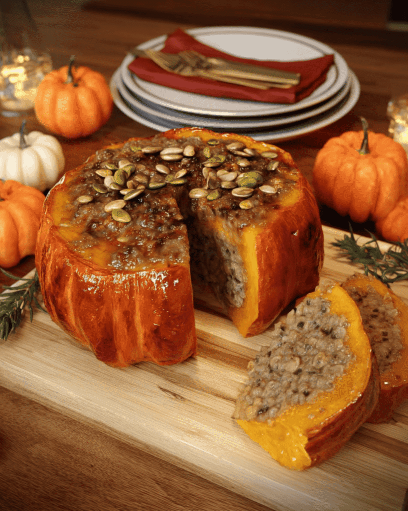 Baked stuffed pumpkin meatloaf topped with roasted pumpkin seeds, sliced open for serving.
