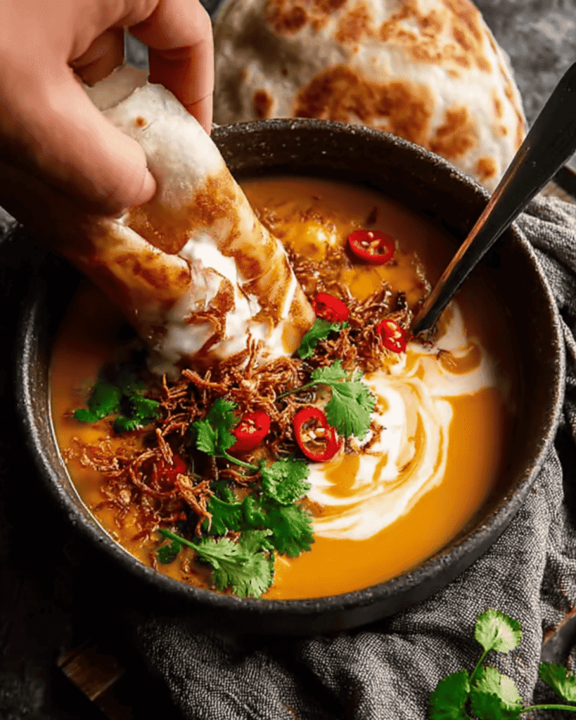 Bowl of Thai coconut pumpkin soup with coriander, chili, and crispy shallots, served with warm bread.