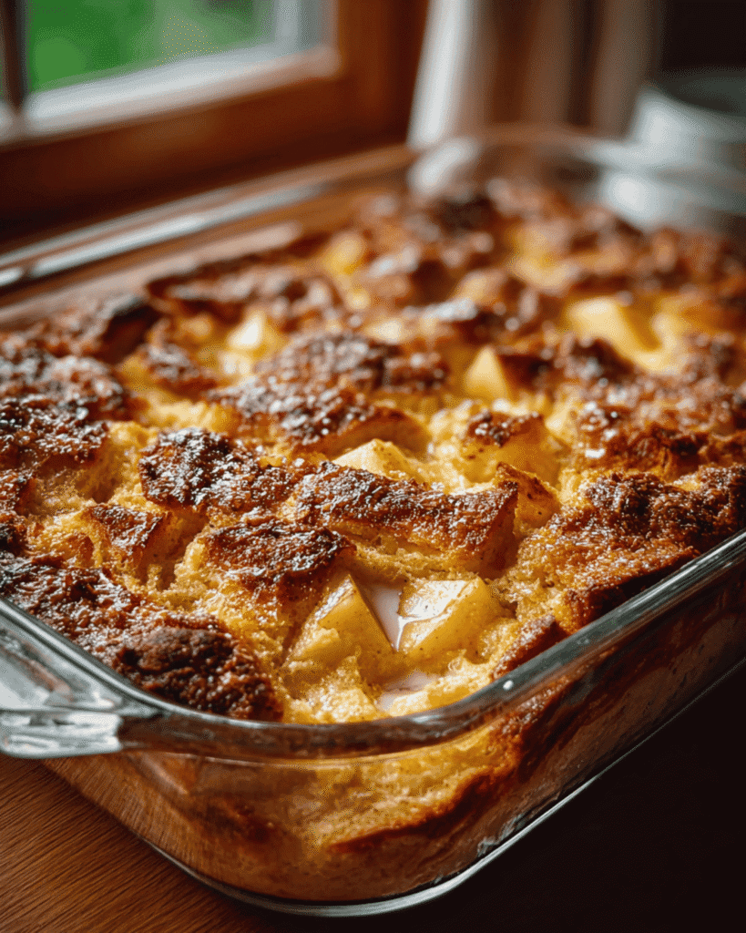 Golden baked bread pudding with apples in a glass baking dish, fresh from the oven with a caramelized top.
