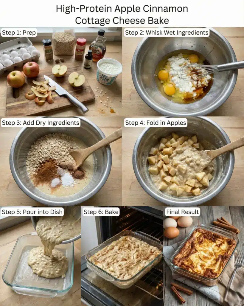 Step-by-step preparation of apple cottage cheese bake with eggs, oats, and apples being mixed and baked in a glass dish.