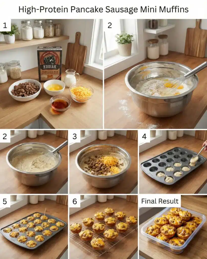 Step by step process of mixing batter, adding sausage and cheese, filling muffin tin, and baking mini breakfast muffins