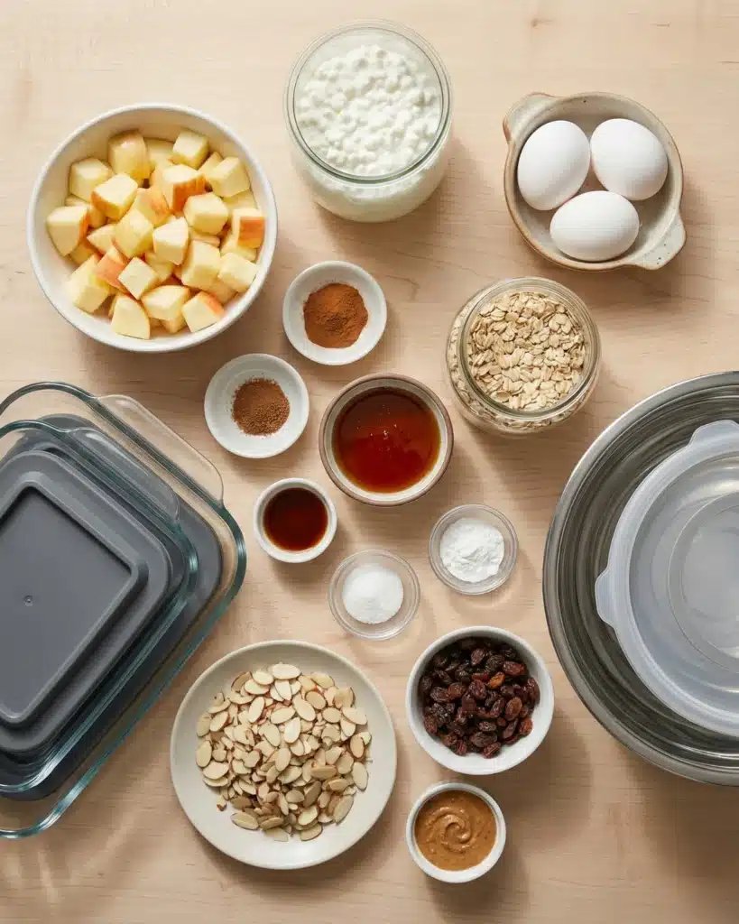 Ingredients for apple cottage cheese bake including diced apples, eggs, oats, cottage cheese, cinnamon, and maple syrup arranged neatly on a kitchen counter.