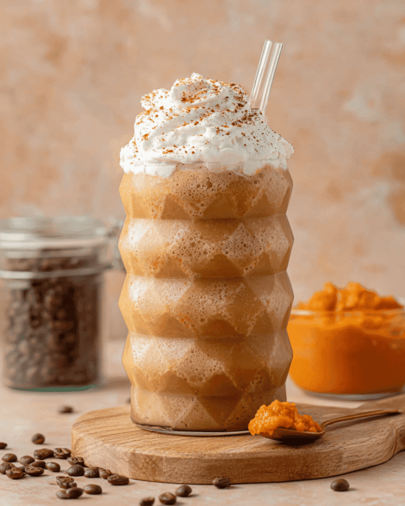 Pumpkin Spice Latte Protein Shake in a textured glass topped with whipped cream and cinnamon