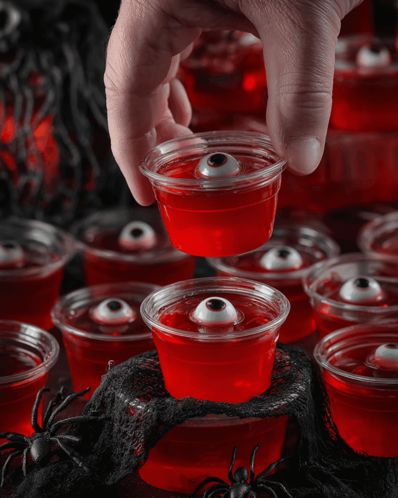 Hand holding a spooky Halloween eyeball jello shot in a clear cup with red gelatin and candy eyeball decoration.