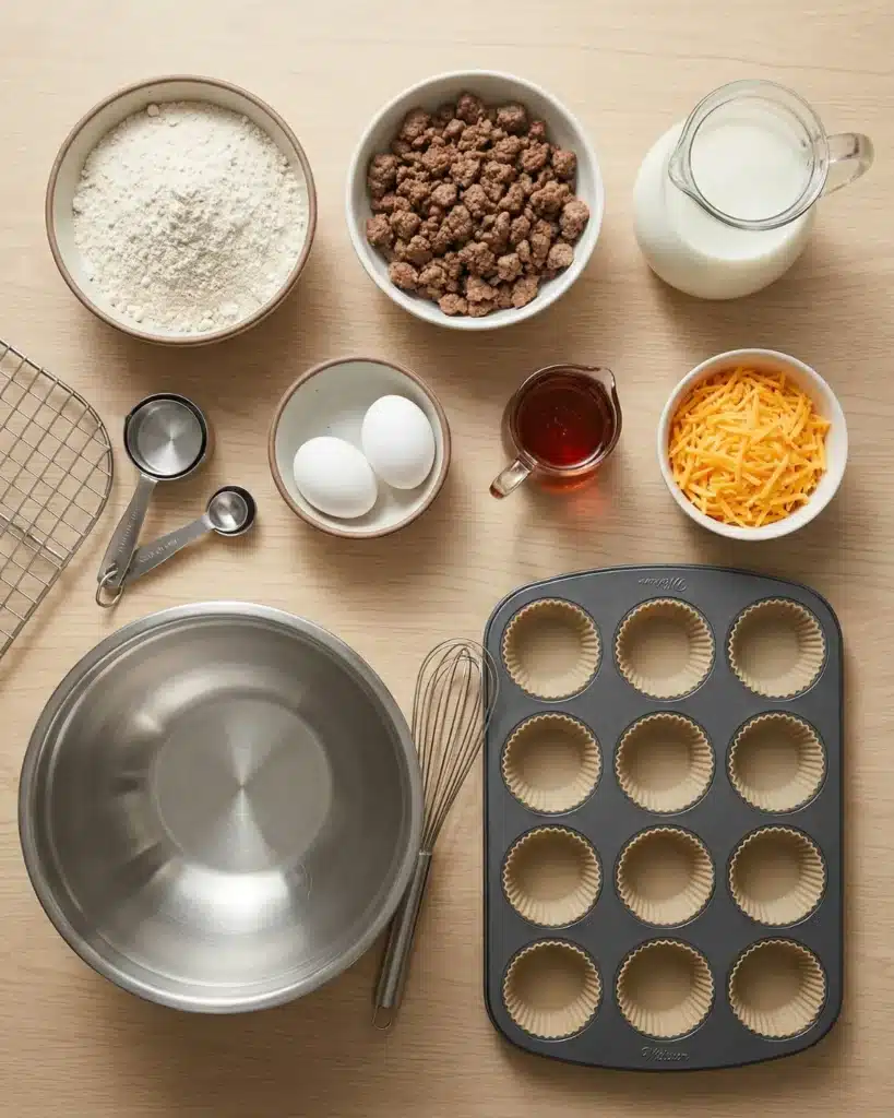 Bowl of pancake mix, cooked beef sausage, eggs, milk, shredded cheese, and baking tools arranged on a kitchen counter