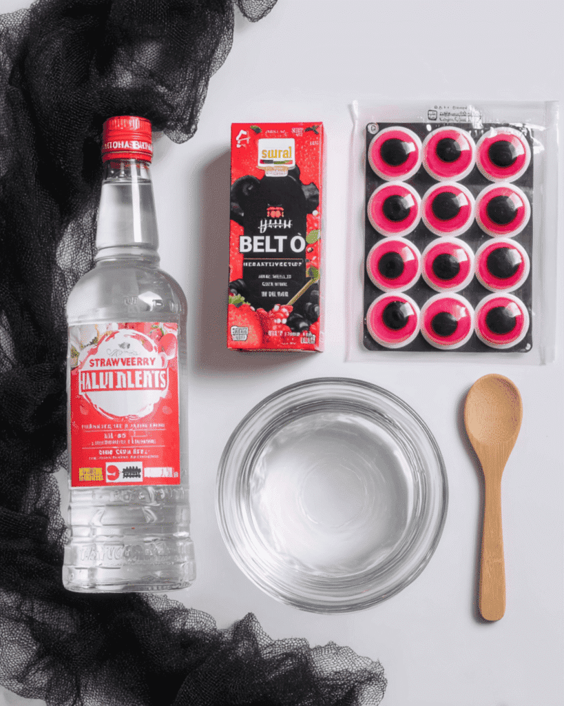 Flat lay of ingredients for Halloween eyeball jello shots including strawberry gelatin, red berry drink, candy eyeballs, and bowl.