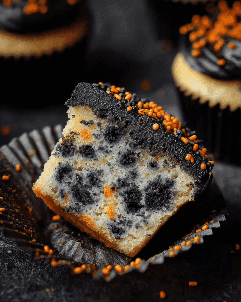 Halloween Funfetti Cupcake cut in half showing sprinkles and black cocoa frosting