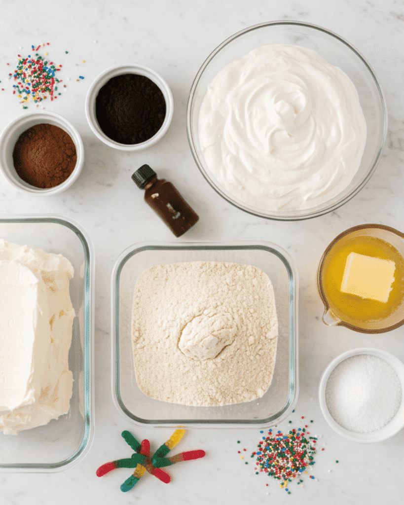 Keto Oreo Dirt Cake ingredients including almond flour, cream cheese, cocoa powder, sweetener, whipped cream, and sugar-free gummy worms.